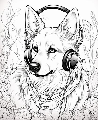 dog with headphone, colouring page, anime style, line art, thick lines, no shading, no colour, fill page --ar 9:11
