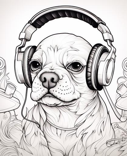 dog with headphone, colouring page, anime style, line art, thick lines, no shading, no colour, fill page --ar 9:11