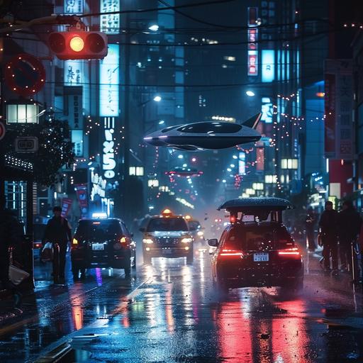 dogfight between flying autonomous waymo cars in tokyo at night raining cinematic