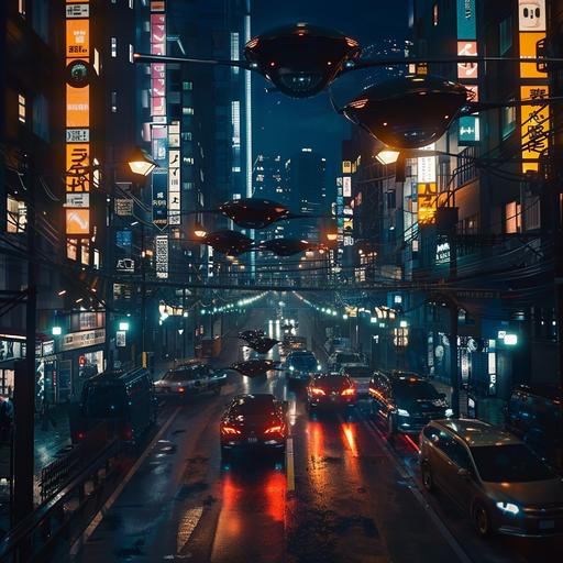 dogfight between waymo cars in tokyo at night cinematic