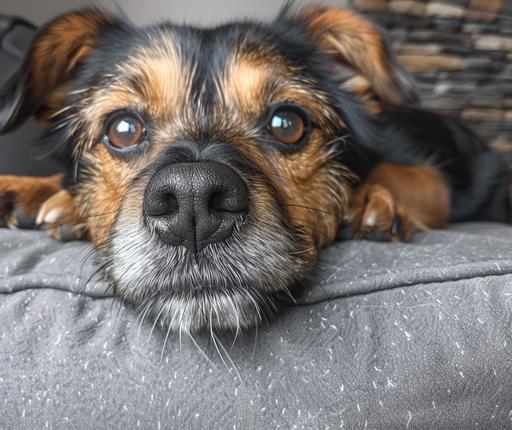 dog's face watching, in the style of dark amber and gray, mixed patterns, uneven textures, grandparentcore, furaffinity, soft-edged, cottagepunk --ar 32:27 --c 35 --s 400 --v 6.0