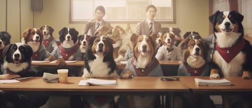 dogs sitting in classroom, japanese student uniforms, raising up a hand, creative, photorealistic, --ar 21:9 --v 5.1 --s 750