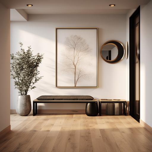 A Realistinc minimalistic contemporary rendering of an entrance passage and foyer with natural wooden flooring. Colour palette black white and beige. copper decor accessories and wall with framed art. modern potted plant and seat.