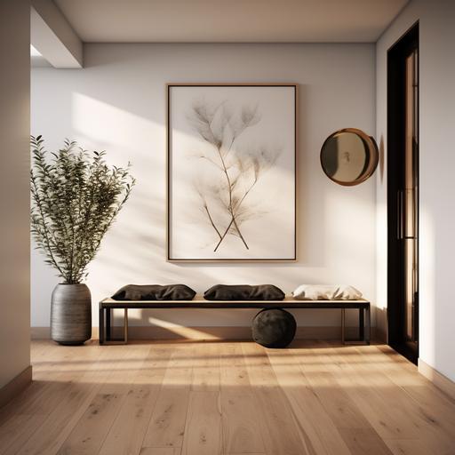 A Realistinc minimalistic contemporary rendering of an entrance passage and foyer with natural wooden flooring. Colour palette black white and beige. copper decor accessories and wall with framed art. modern potted plant and seat.