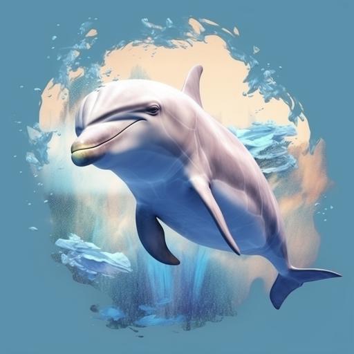 dolphin in habitat, 3d, realistic, faded and abstract edges for shirt design