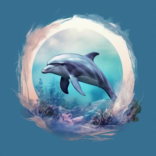 dolphin in habitat, 3d, realistic, faded and abstract edges for shirt design