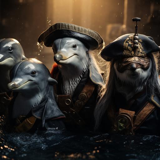 dolphins animals, dressed as pirates, in water