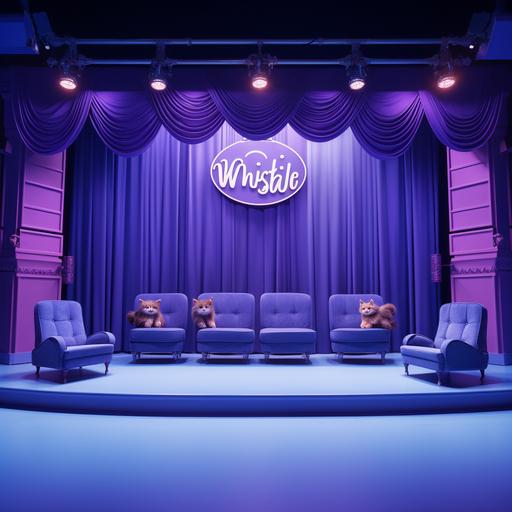 image a photorealistic photography of theatre musical, blue purple scene with curtains, wes anderson style, classical theatre, whiskas logo in front, scenography cats, collaboration with whiskas, purple blue background, studio light, theatre interior, theatre light, realistic visual, high structured image, modern visual vibes, front view,