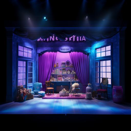 image a photorealistic photography of theatre musical, blue purple scene with curtains, classical theatre, whiskas logo in front, collaboration with whiskas, purple blue background, studio light, theatre interior, theatre light, realistic visual, high structured image, modern visual vibes, front view,