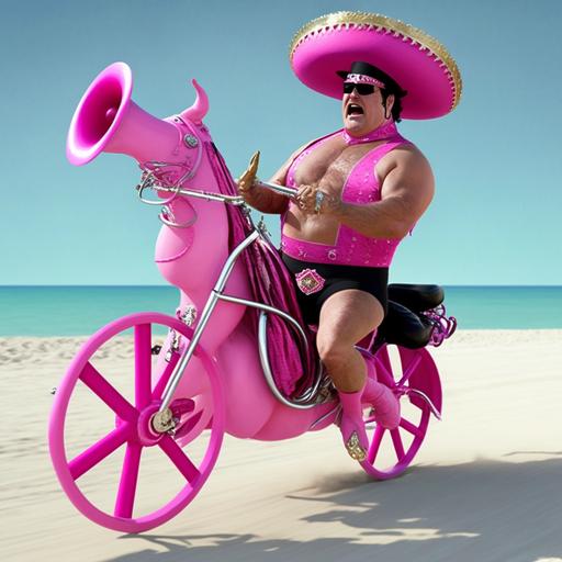 don francisco from sabado gigante dressed well with a funny pink cowboy hat and el chacal dressed as an executioner with his trumpet riding a tandem bike in miami beach