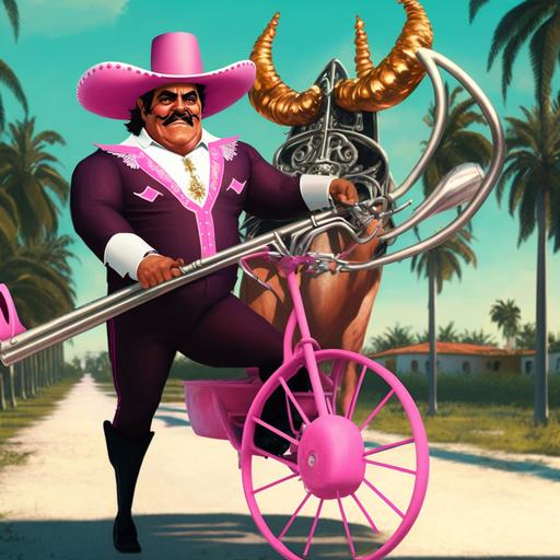 don francisco from sabado gigante dressed well with a funny pink cowboy hat and el chacal dressed as an executioner with his trumpet riding a tandem bike in miami beach