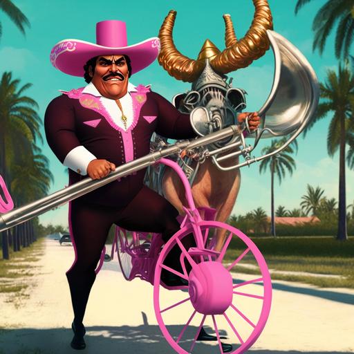 don francisco from sabado gigante dressed well with a funny pink cowboy hat and el chacal dressed as an executioner with his trumpet riding a tandem bike in miami beach