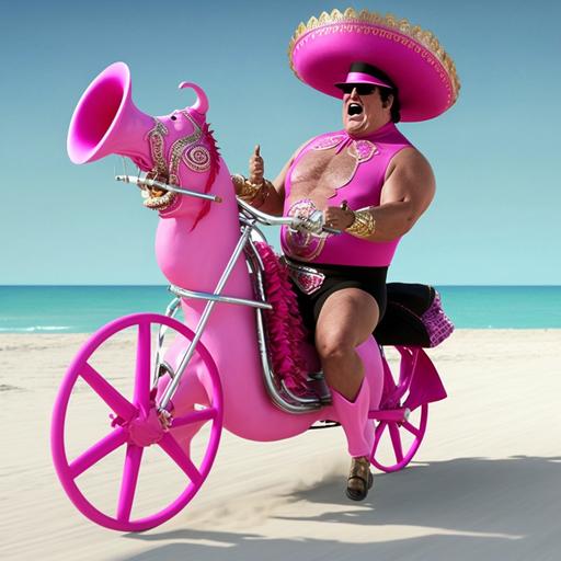 don francisco from sabado gigante dressed well with a funny pink cowboy hat and el chacal dressed as an executioner with his trumpet riding a tandem bike in miami beach