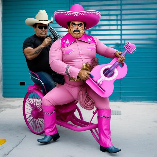 don francisco from sabado gigante dressed well with a funny pink cowboy hat and el chacal dressed as an executioner with his trumpet riding a tandem bike in miami beach