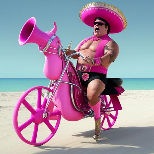 don francisco from sabado gigante dressed well with a funny pink cowboy hat and el chacal dressed as an executioner with his trumpet riding a tandem bike in miami beach