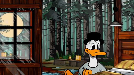 donald duck is personified as the jason voorhees of friday the 13th drawn by walt disney and frank frazetta during the golden age of animation in a dvd still from 1937 from the animated cartoon short camp crystal lake setting is phosphorescent architecture --ar 16:9 --s 300 --w 2000 --c 20