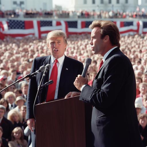 donald trump and robert f kennedy jr campaigning together as president and vice president. in the background is the american flag with a large audience of people listening to them speak in washington dc