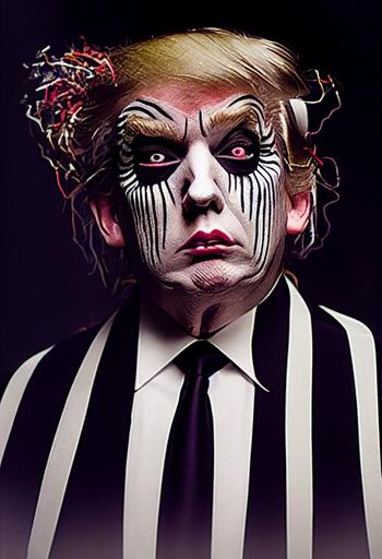 donald trump as Beetlejuice, the ghost with the most, pallid skin, gross boyles and crusty lips, black and white pinstripe suit --ar 9:16 --testp