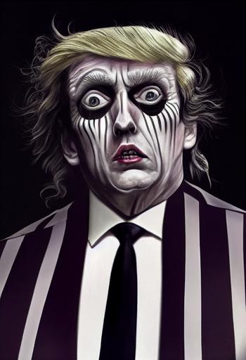 donald trump as Beetlejuice, the ghost with the most, pallid skin, gross boyles and crusty lips, black and white pinstripe suit --ar 9:16 --test --chaos 30