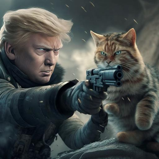 donald trump engaging in combat with a cat with a gun