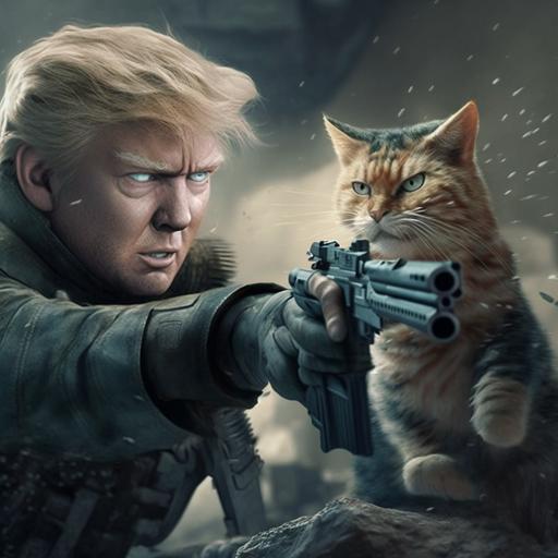donald trump engaging in combat with a cat with a gun