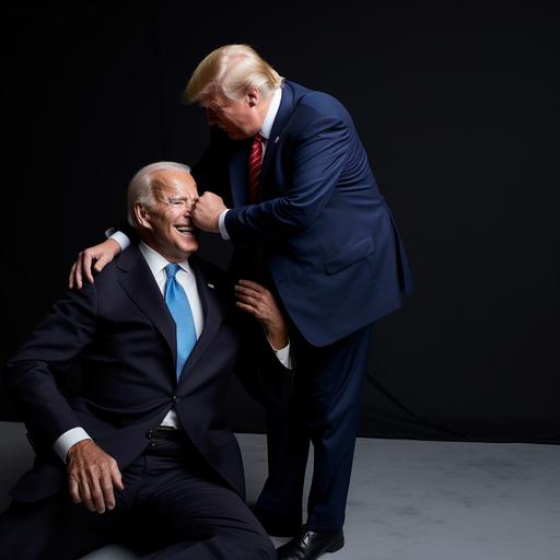 donald trump trying to help joe biden get up after he fell flat on his face. Make the scene humerous