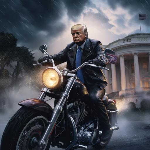 donald trump, wearing a leather jacket riding a harley in front of the whitehouse, the background is dramatic, lightning, rain, dirt in the wind