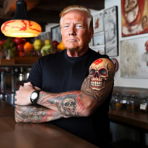 donald trump with a calavera bicep tattoo, iron chef --no suit