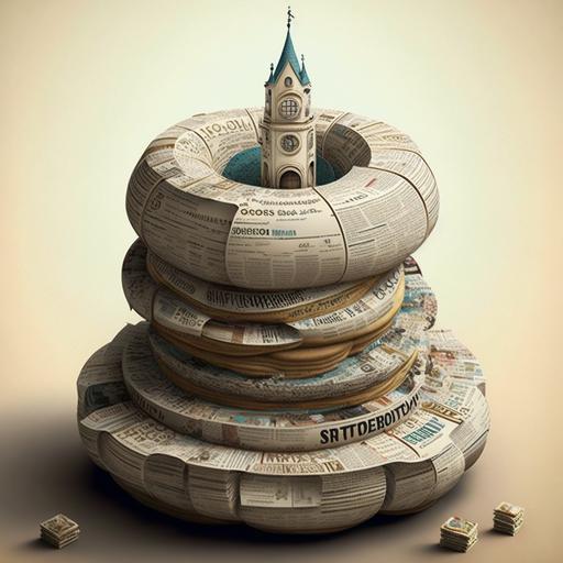 donut tower of babel covered in newspaper --v 4