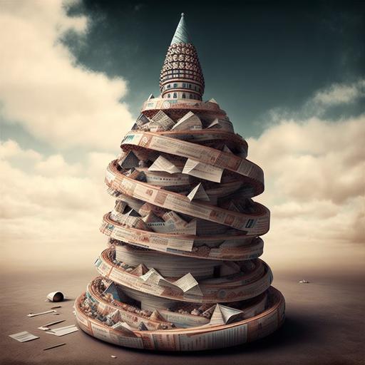 donut tower of babel covered in newspaper --v 4