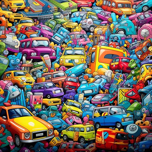 doodle art filled with toy cars, very colorful, include spongebob