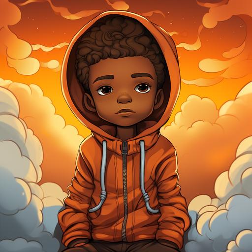 doodle drawing of brown skinned little boy with a hoodie on and clouds in the background with orange Leukemia ribbon