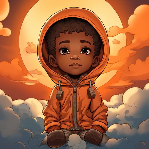 doodle drawing of brown skinned little boy with a hoodie on and clouds in the background with orange Leukemia ribbon