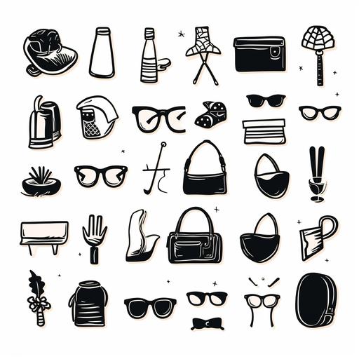 doodle illustrations of sunglasses, mobile phone, shopping trolley, diary and more girly things icons thick lines black and white linocut style illustration simple vector