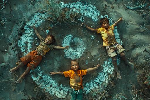doped-up children twitching in crop circles, best still frame from a very cinematic pharmaceutical commercial --chaos 22 --stylize 222 --ar 3:2
