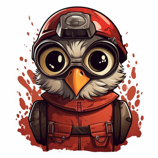 dorky looking pigeon with huge eyes and a small beak, dressed as a firefighter, 2d, vector, cartoon, graphic t-shirt style