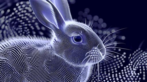 dot-matrix image of rabbit made of dots repeating pattern, luminogram spirals, bold linear lines, 3d effects, random two color wallpaper --ar 16:9 --v 6.0