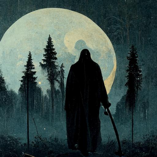 grim reaper holding axe in woods at night with moon in the backround