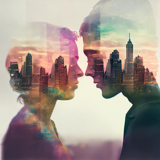 double exposure photography, composed of two combined and overlaid images, Romantic Couple Portrait, Skyline, city scape, transparent, layered, close-up, side-view, intricate detail, fine art, stunning, high contrast, silhouette, blend, beautiful lighting, colour, paintography, photorealistic, graphic design, plush --q 2 --upbeta --v 4