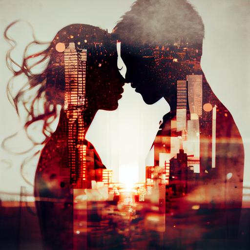 double exposure photography, composed of two combined and overlaid images, Romantic Couple Portrait, Skyline, city scape, transparent, layered, close-up, side-view, intricate detail, fine art, stunning, high contrast, silhouette, blend, beautiful lighting, colour, paintography, photorealistic, graphic design, plush --q 2 --upbeta --v 4