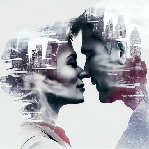 double exposure photography, composed of two combined and overlaid images, Romantic Couple Portrait, Skyline, city scape, transparent, layered, close-up, side-view, intricate detail, fine art, stunning, high contrast, silhouette, blend, beautiful lighting, colour, paintography, photorealistic, graphic design, plush --q 2 --upbeta --v 4