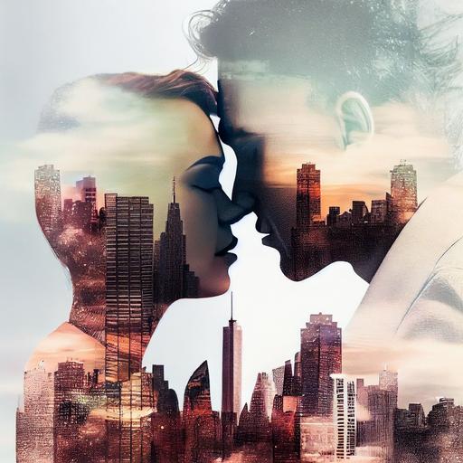 double exposure photography, composed of two combined and overlaid images, Romantic Couple Portrait, Skyline, city scape, transparent, layered, close-up, side-view, intricate detail, fine art, stunning, high contrast, silhouette, blend, beautiful lighting, colour, paintography, photorealistic, graphic design, plush --q 2 --upbeta --v 4