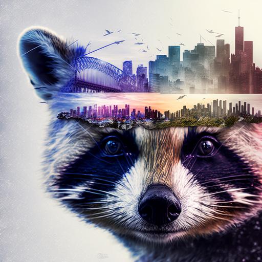 double exposure photography, composed of two combined and overlaid images, Toronto cityscape and fractal multi-layered trash panda, transparent, layered, close-up, side-view, intricate detail, fine art, stunning, high contrast, silhouette, blend, beautiful lighting, colour, paintography, photorealistic, graphic design --v 4