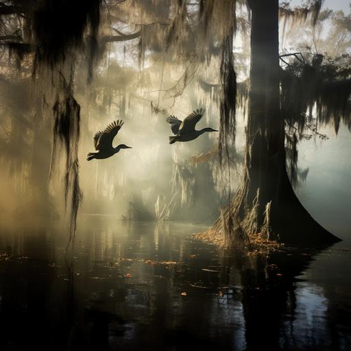 double exposure, wild ducks in flight, over water, cypress trees with spanish moss hanging from the limbs--ar 2400:2400