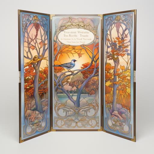 double sided Tri-fold brochure, Louis Comfort Tiffany, Alphonse Mucha, foreground framed by sinewy branch filigree, background panels moonlight magical autumn garden landscape, transition to ethereal park sunset with Oklahoma scissortail flycatcher bird, bottom panels dusky Oklahoma urban 1890s park with one elm tree