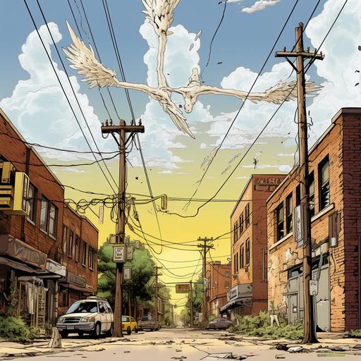 downtown busy streetscape, natural yellow brick wall, grape vines, marble angel half-in the brick wall, angel emergent, utility poles, hydrolines, summer, drawn in comic book style