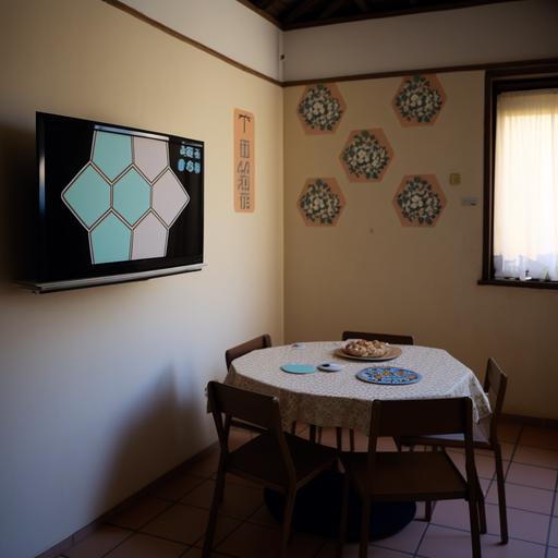 Inside a house where the light is bright and one of its walls has a modern TV on the middle of the wall and behind the TV there is a poster in the shape of a rose and the other wall is in the shape of a hexagon with leds between all six sides. On it, there is a four-seater dying table, black in color, on which there is a jar-shaped object made of stone, along with three stone candle holders.