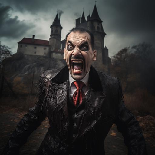 dracula with teeth out in front of romanian castle dark mood