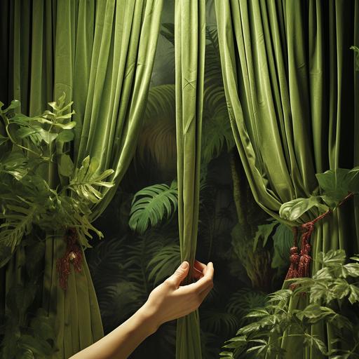 jungle setting dramtic cllose up of hand pulling curtain cord