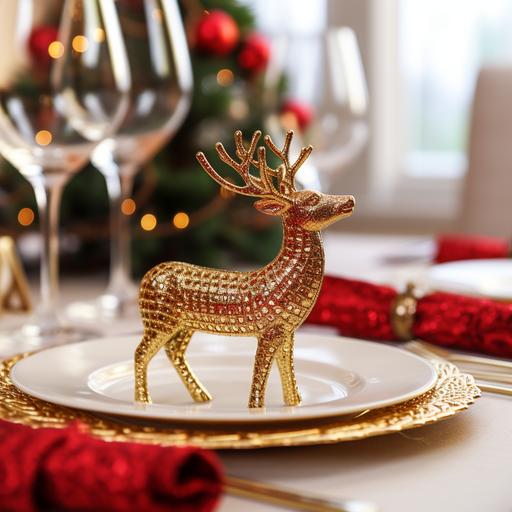 metal gold color textured reindeer shape napkin ring on a red napkin on a small christmas styled family kitchen table